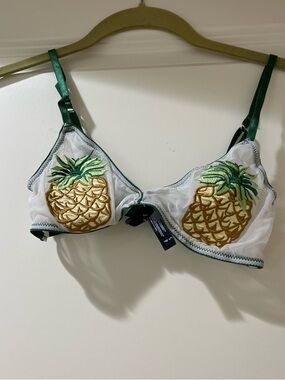 Sheer Pineapple Embroidered Bralette - White & Green